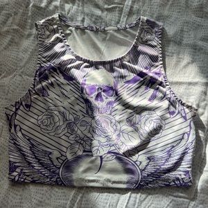 Skull Graphic White and Purple Crop Top